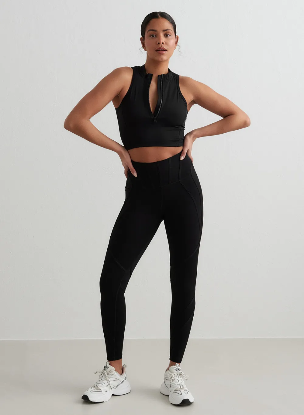 AIM’N Black Sculpting Racer Front Zip Top