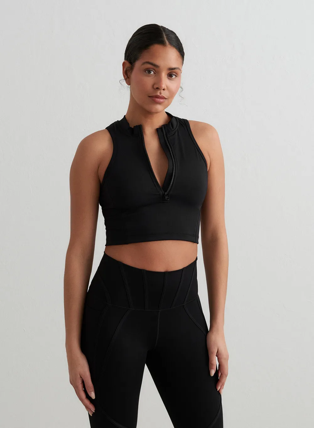 AIM’N Black Sculpting Racer Front Zip Top
