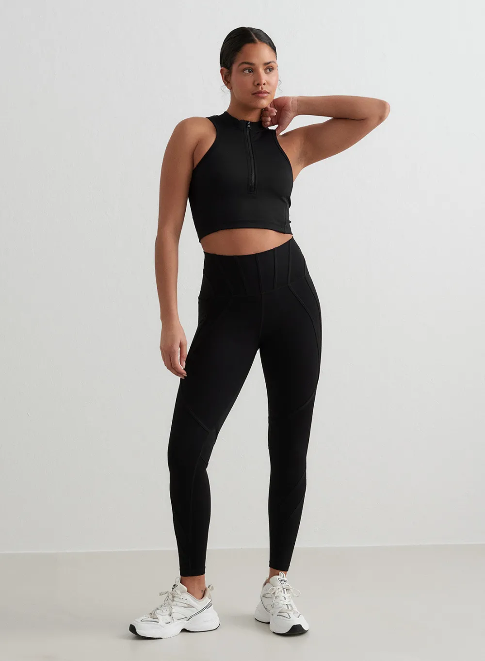 AIM’N Black Sculpting Racer Front Zip Top